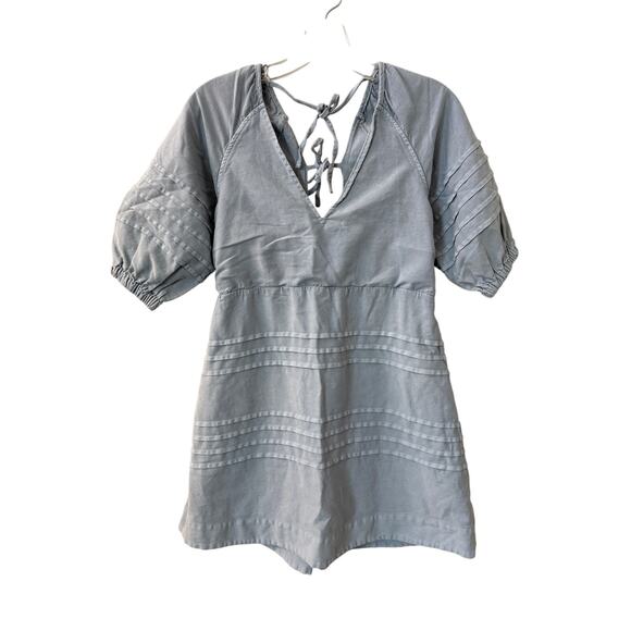 7 For All Mankind Sz S Denim Chambray Tie-Back‎ Babydoll Mini Puff Sleeve Dress - Picture 1 of 11